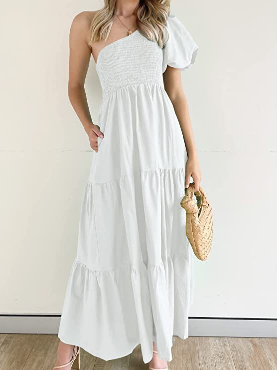 IvyShape | Romantic One-Shoulder Puff Sleeve Beach Dress