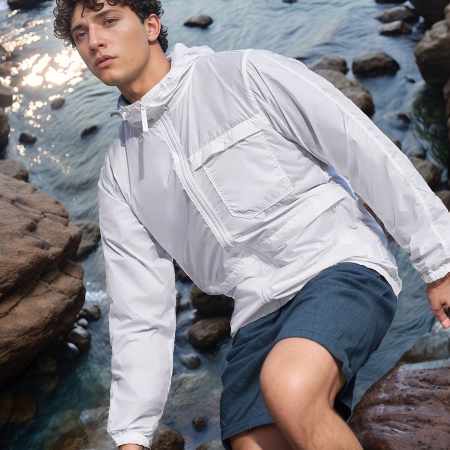 Men's lightweight outdoor jacket with practical pockets and adjustable hood collar Ivyshape