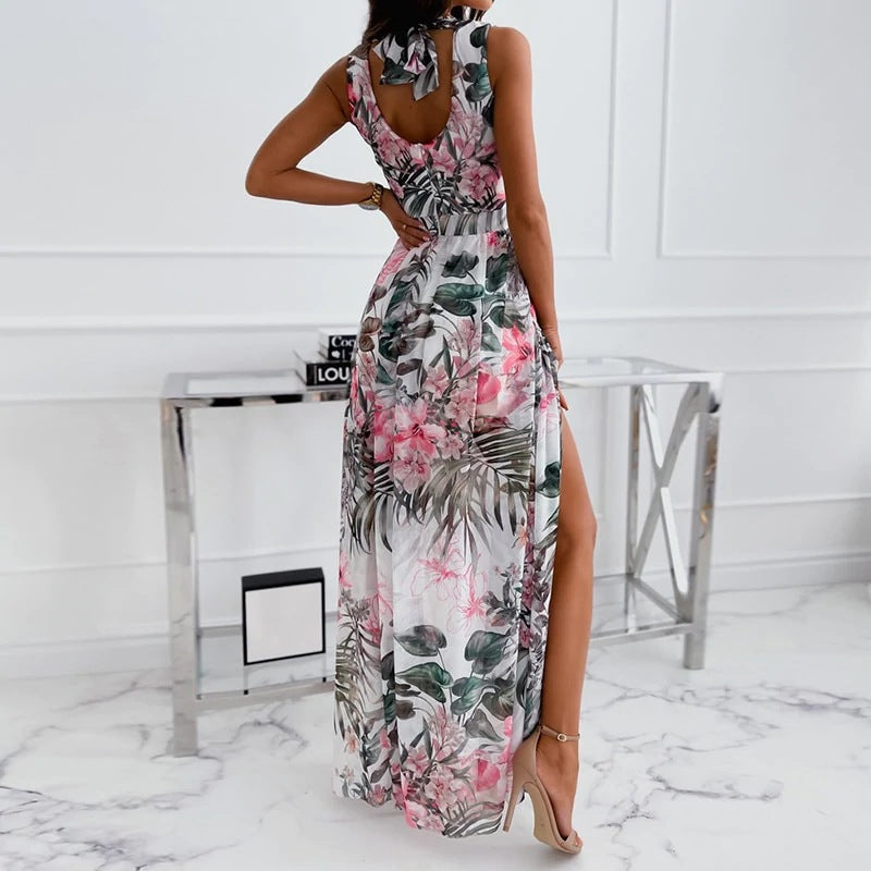 IvyShape | Waist-Cinched Tie Backless Slit Maxi Dress