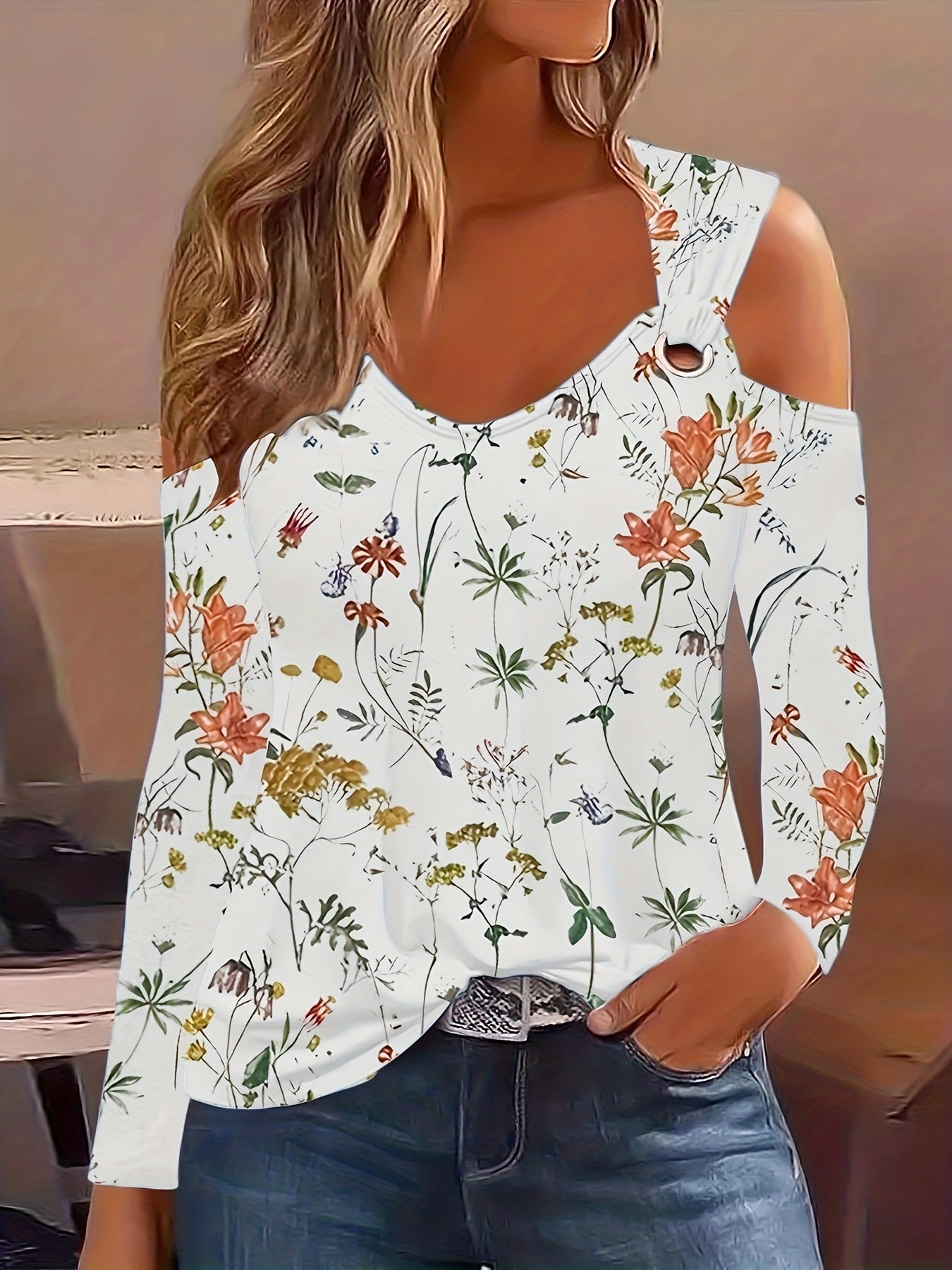 IvyShape | Metal Buckle Floral Print V-Neck Off-Shoulder Top