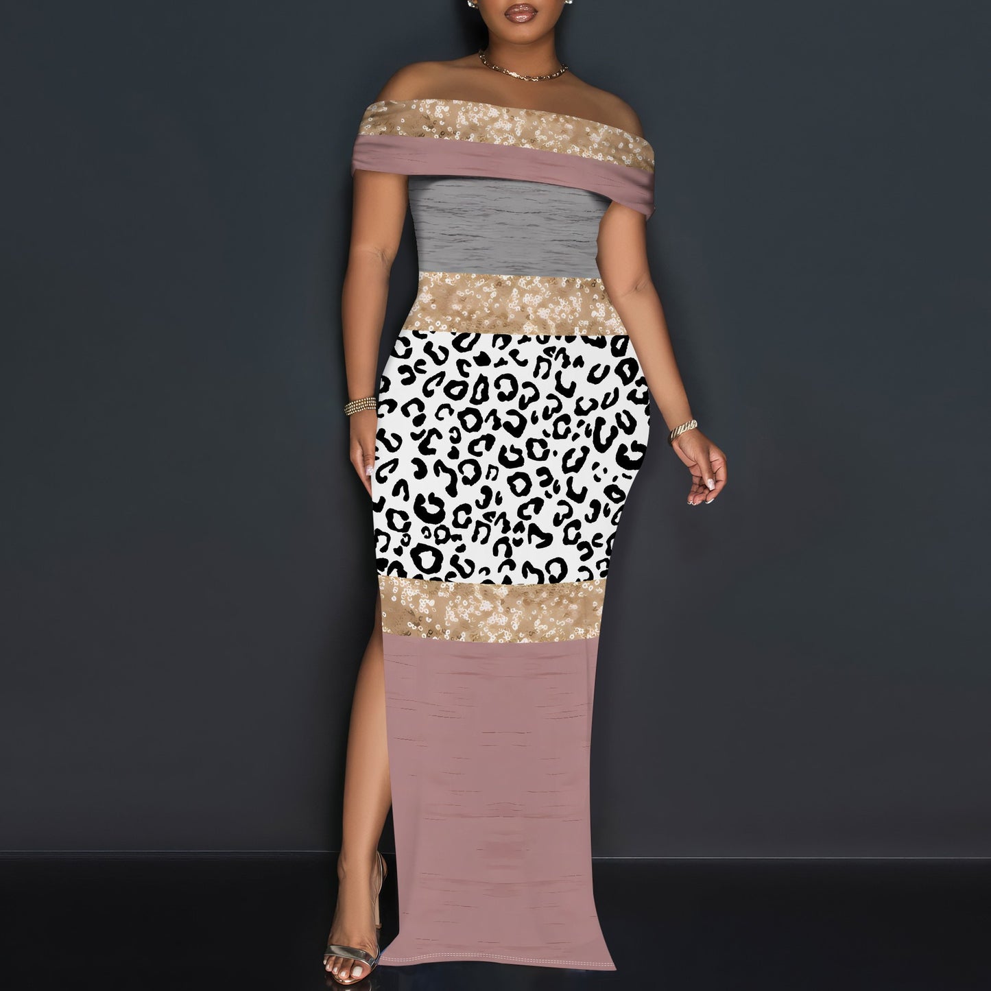 Women's Off-Shoulder Maxi Dress with Glamorous Glitter Design Ivyshape