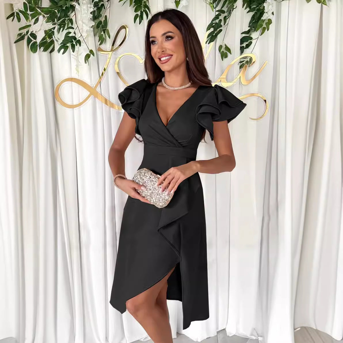 Women Elegant Ruffle Sleeve Wrap Dress Ivyshape