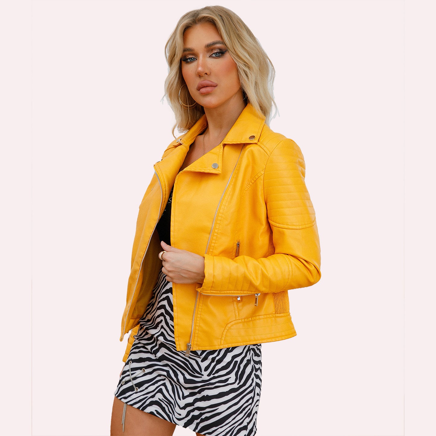Women's biker jacket with stylish quilted details and asymmetric zip Ivyshape