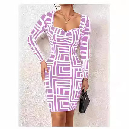 Women's Fitted Long Sleeve Dress with Geometric Pattern and Creative Neckline Ivyshape