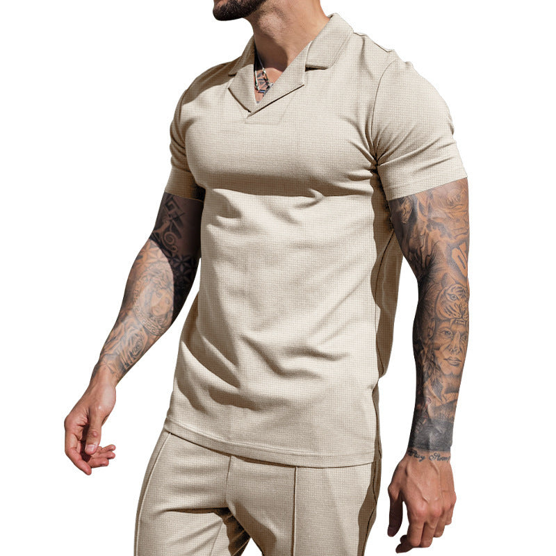 Men's short sleeve shirt with classic Henley neckline and textured surface Ivyshape