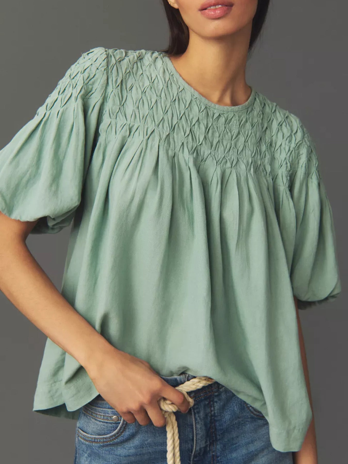 IvyShape | Puff Sleeve Pleated Cotton Linen Solid Color Short Sleeve Shirt