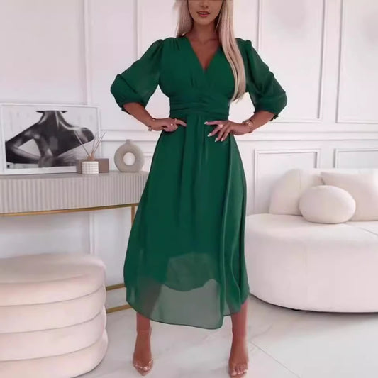 Women Elegant V-Neck Long Sleeve Maxi Dress Ivyshape