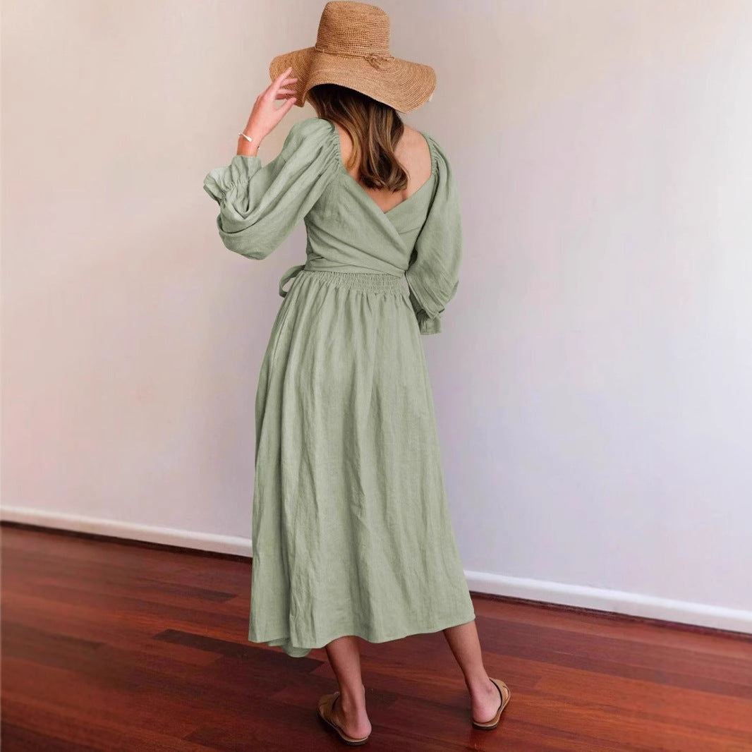 Women elegant, tailored maxi dress with puff sleeves and tie belt Ivyshape