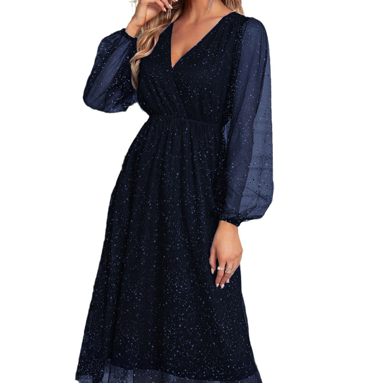 Ladies mididress with sparkling glitter and transparent puff sleeves Ivyshape