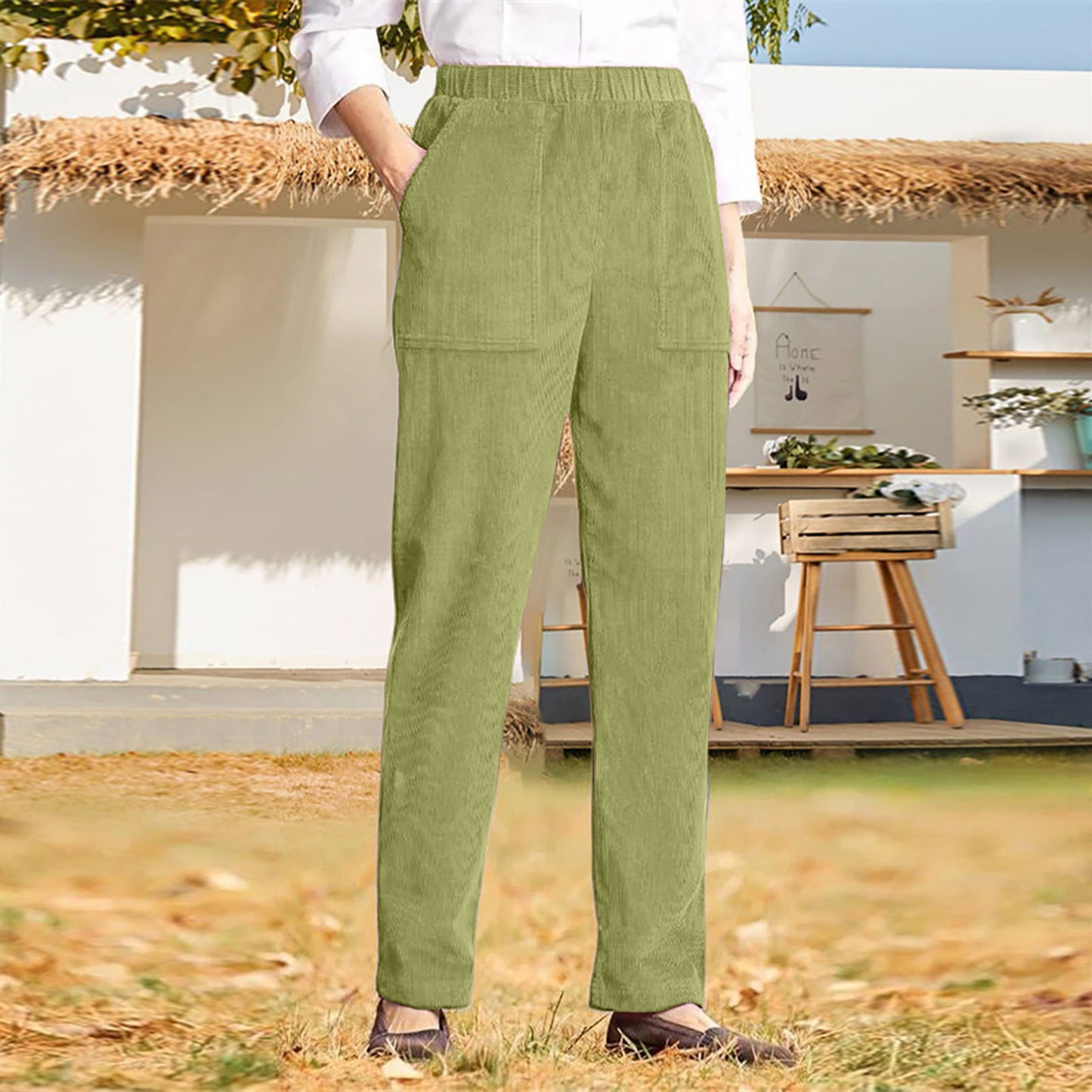 Women's corduroy pants with elastic waistband and practical pockets Ivyshape