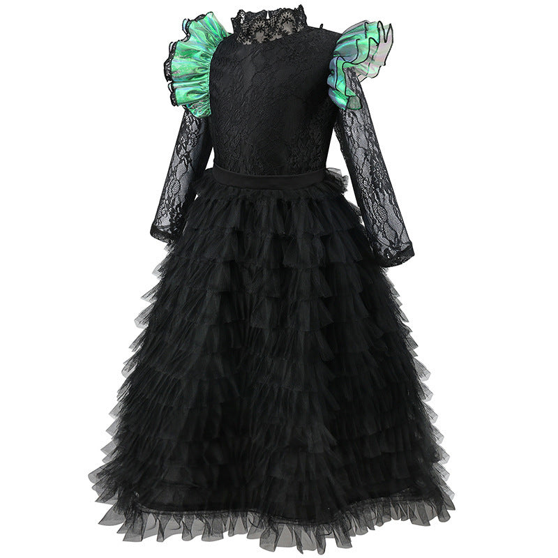 Ladies' Festive Ruffled Dress with Lace Sleeves Ivyshape