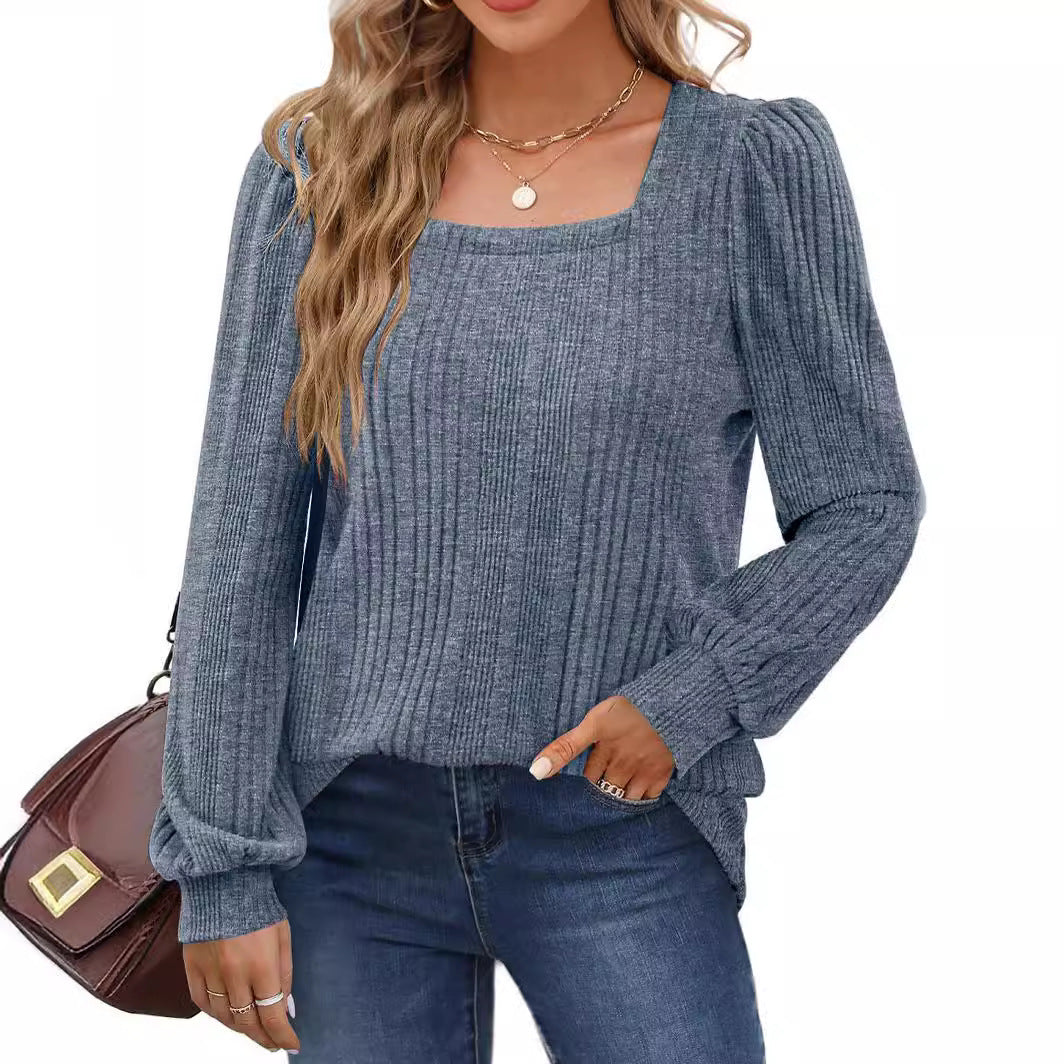 Women's fashionable sweater with textured rib pattern and puff sleeves Ivyshape