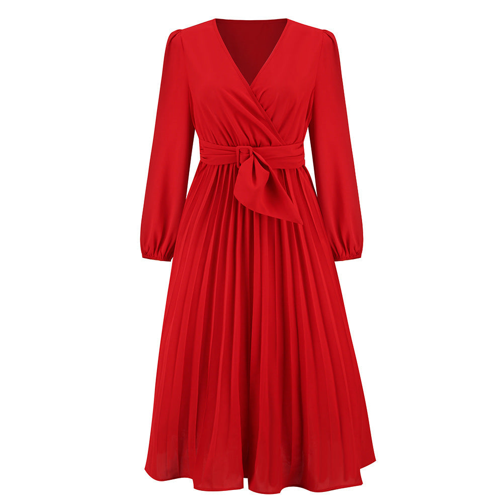 Women Elegant Wrap Dress with Pleats and Belt Detail Ivyshape