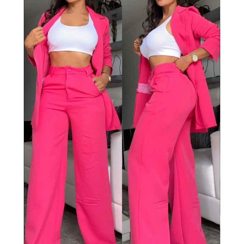Ladies Elegant Two-Piece Set with Wide Leg Trousers and Tailored Blazer Ivyshape