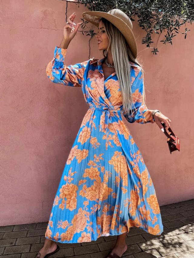 IvyShape | Printed Lapel Tied Pleated Long Sleeve Dress