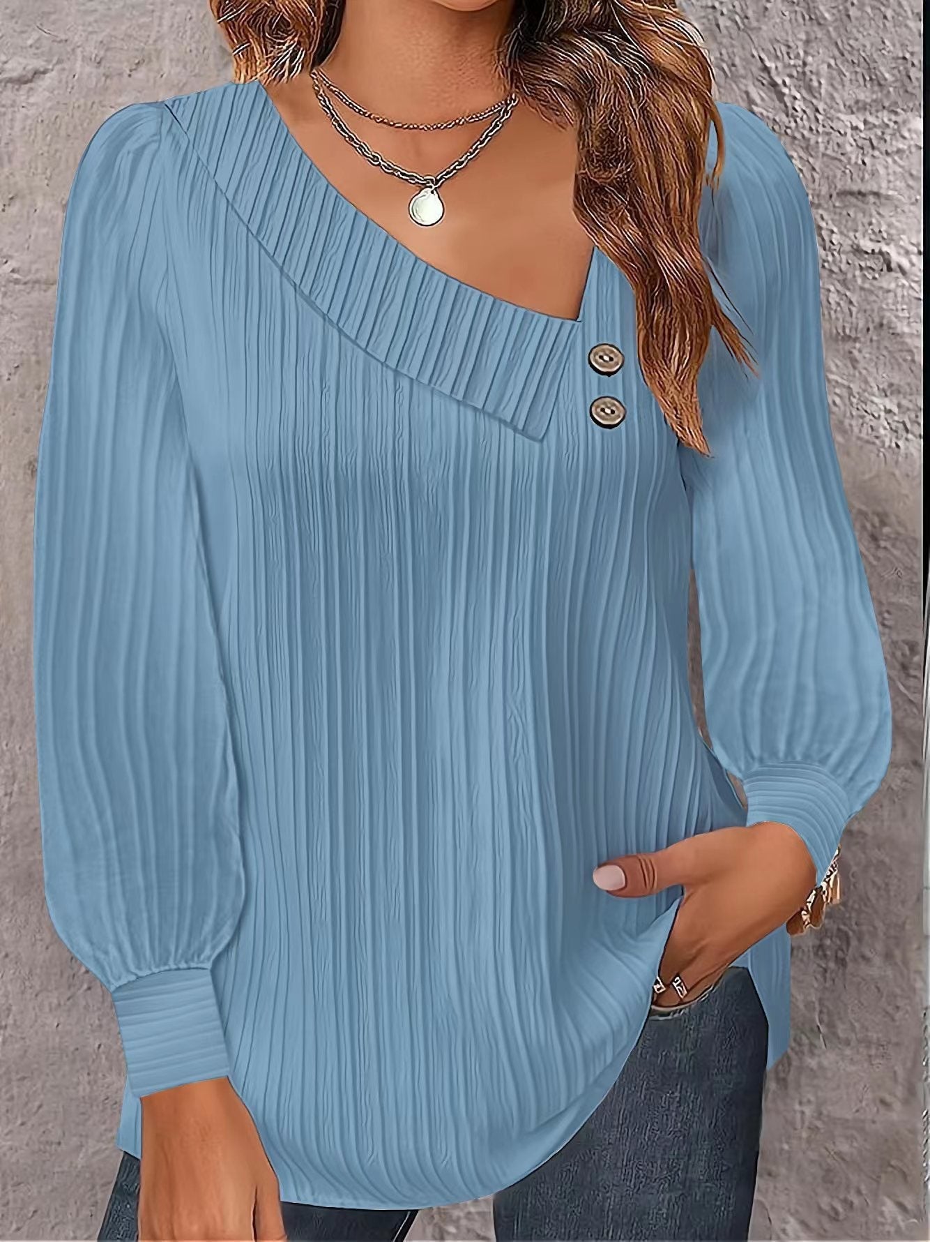 IvyShape | Summer V-Neck Button Solid Long Sleeve Shirt