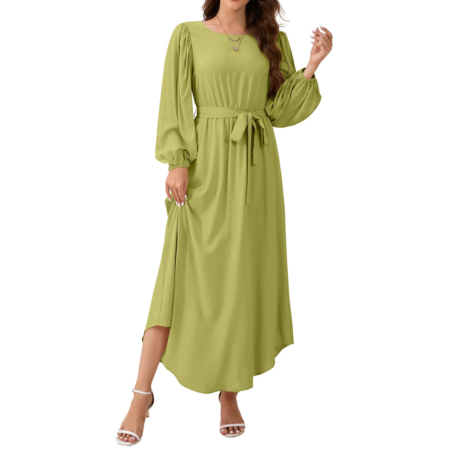 Ladies maxi dress with wide-cut sleeves and adjustable belt Ivyshape