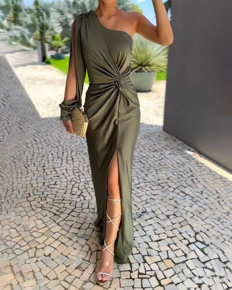 Women Elegant Wrap Dress with Asymmetrical Neckline and Side Slit Ivyshape