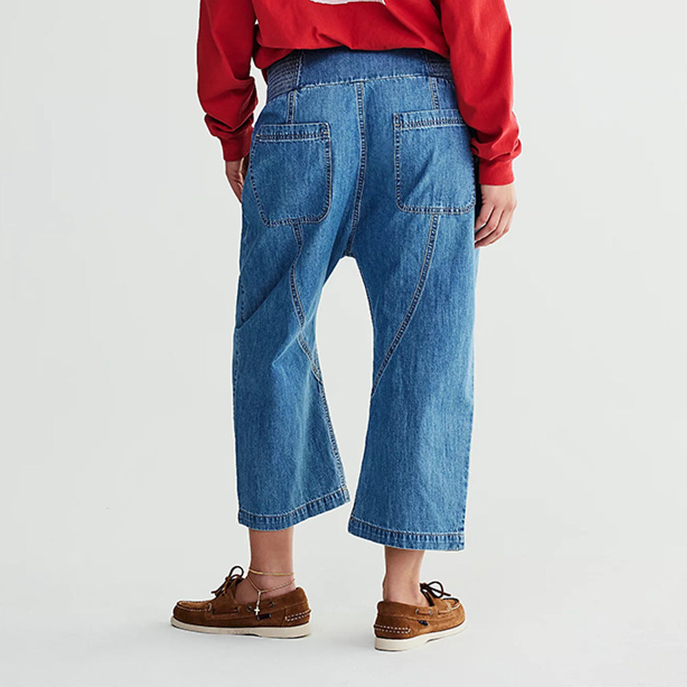 IvyShape | Wash Dropped Crotch Mid-Waist Straight Jeans