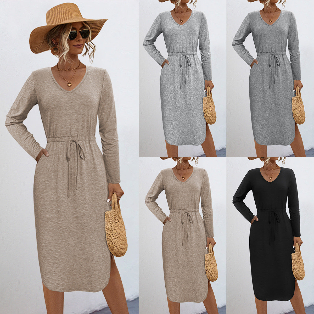 Women casual midi dress with V-neck and adjustable waist drawstring Ivyshape
