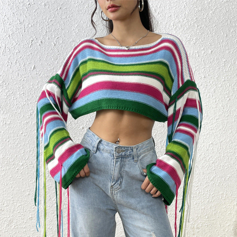 IvyShape | Rainbow striped fringed crop pullover