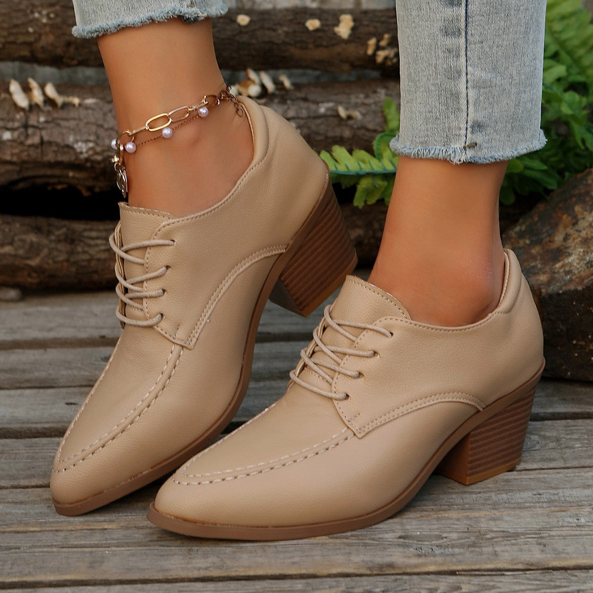 Women's lace-up shoes with elegant block heel and fine leather Ivyshape