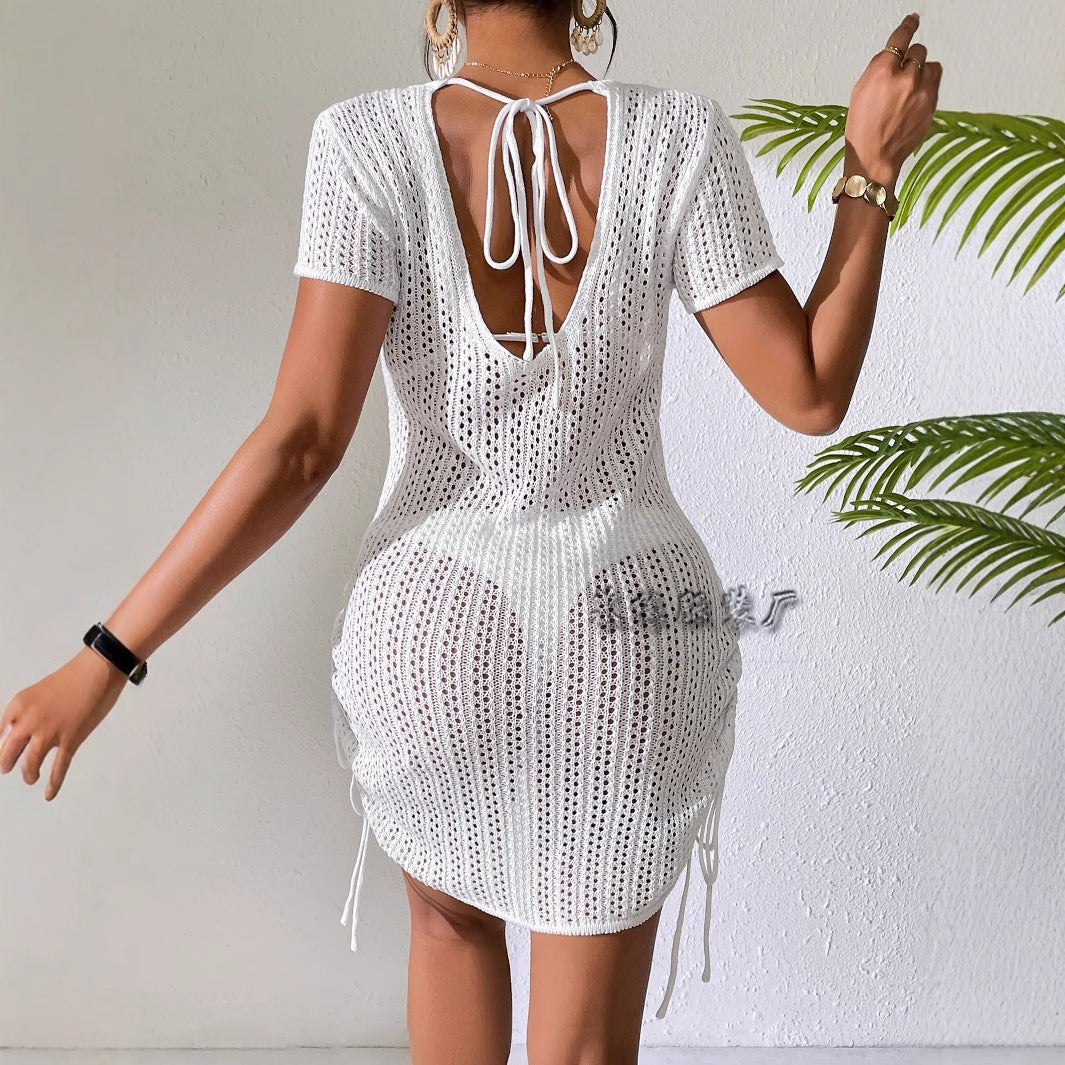 IvyShape | Strap Drawstring Mid-Waist Short Sleeve Backless Dress