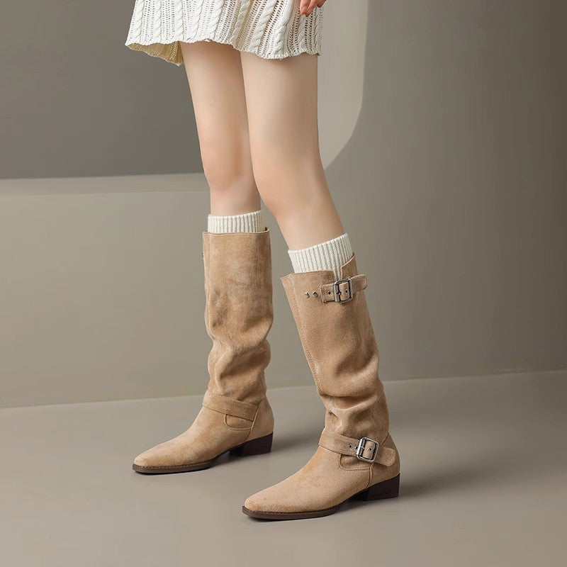Ladies Over-the-knee boots made of soft nubuck leather with practical buckle details Ivyshape