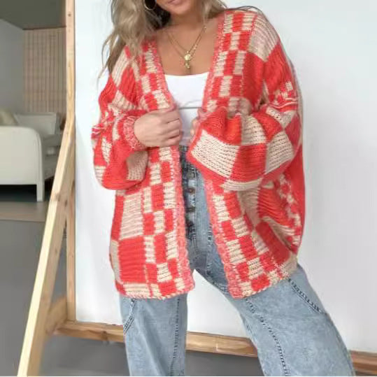 Ivyshape | Plaid Loose Knitted Outerwear Cardigan