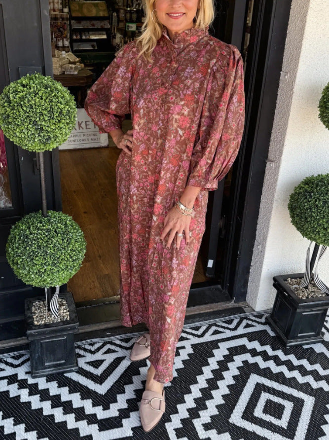 Women Elegant Maxi Dress with Stand Collar and Wide Sleeves Ivyshape