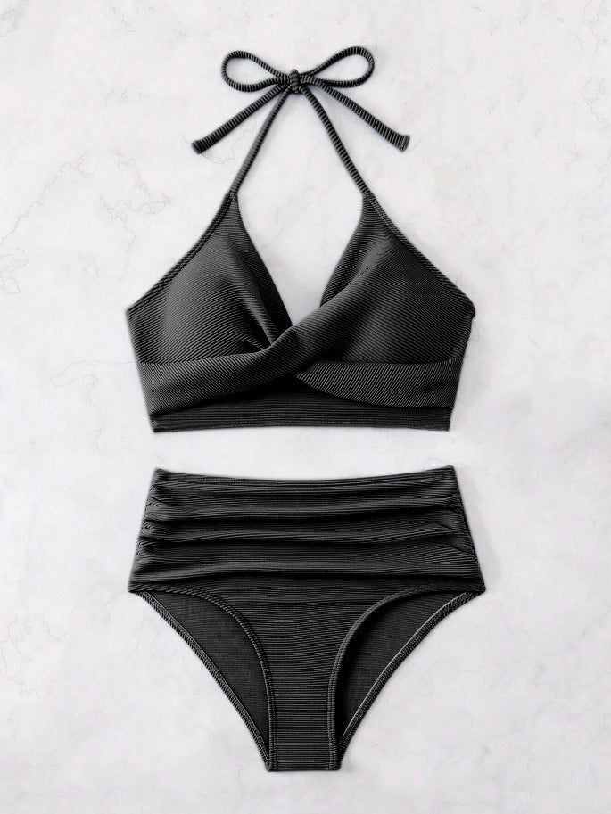 Ladies High-Waisted Bikini Set with Stylish Wrap Detail and Deep V-Neck Ivyshape