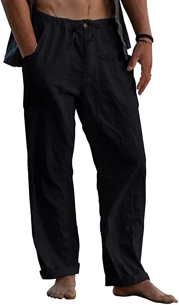 Men's Relaxed Fit Linen Pants with Elastic Waistband and Practical Pockets Ivyshape