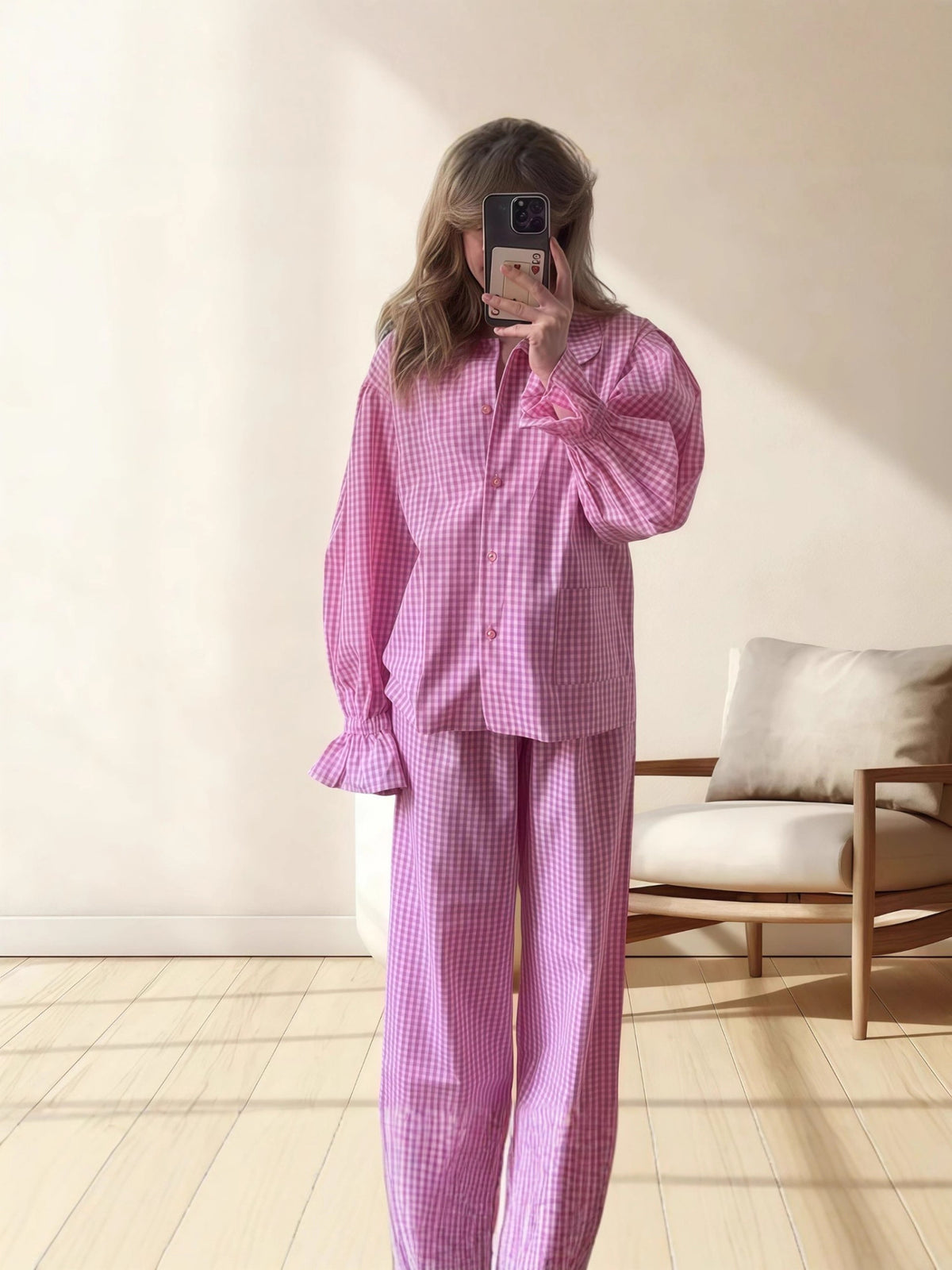 Women's Pajama Set with a modern check pattern and voluminous sleeves ...
