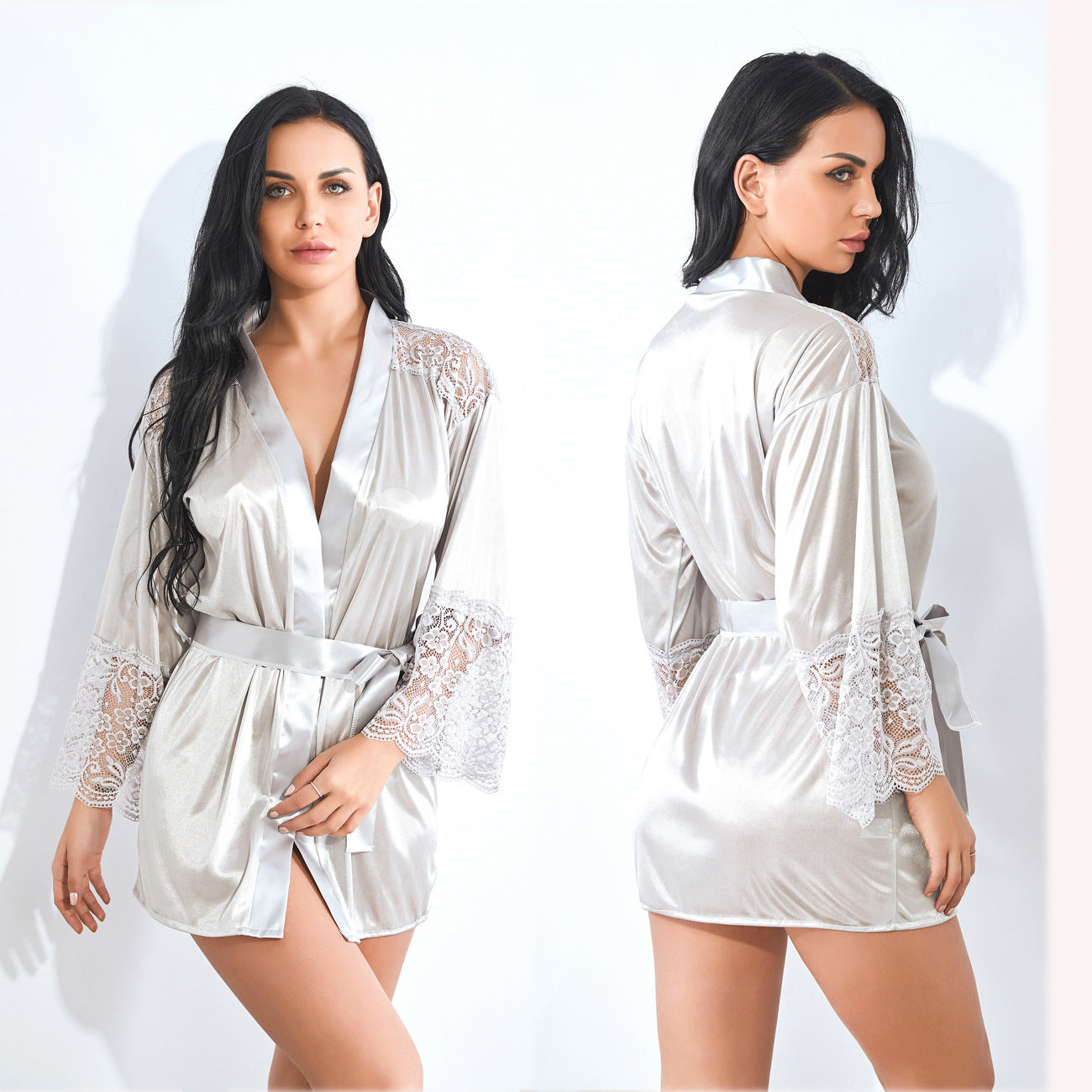 Women's Satin Lace Morning Robe with Bell Sleeves Ivyshape