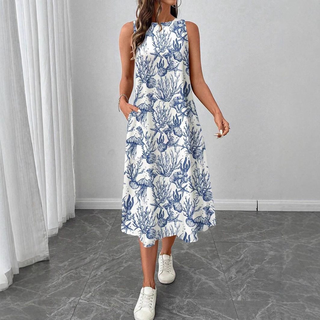 Women's summer midi dress with maritime pattern and beautiful cut Ivyshape