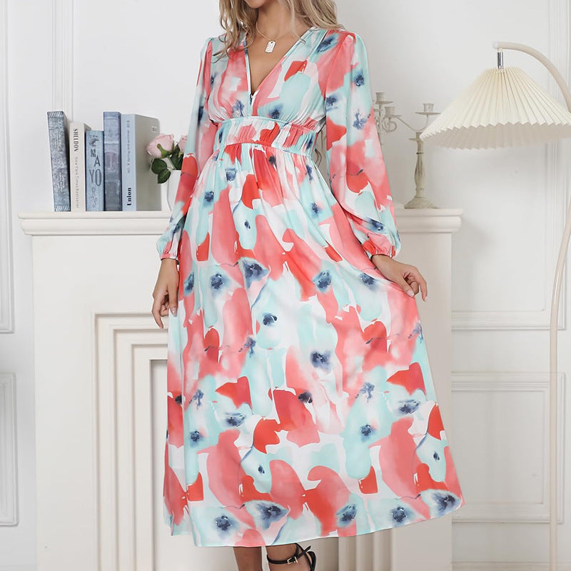 Ivyshape | Women’s Printed V-Neck Long Sleeve Summer Maxi Dress