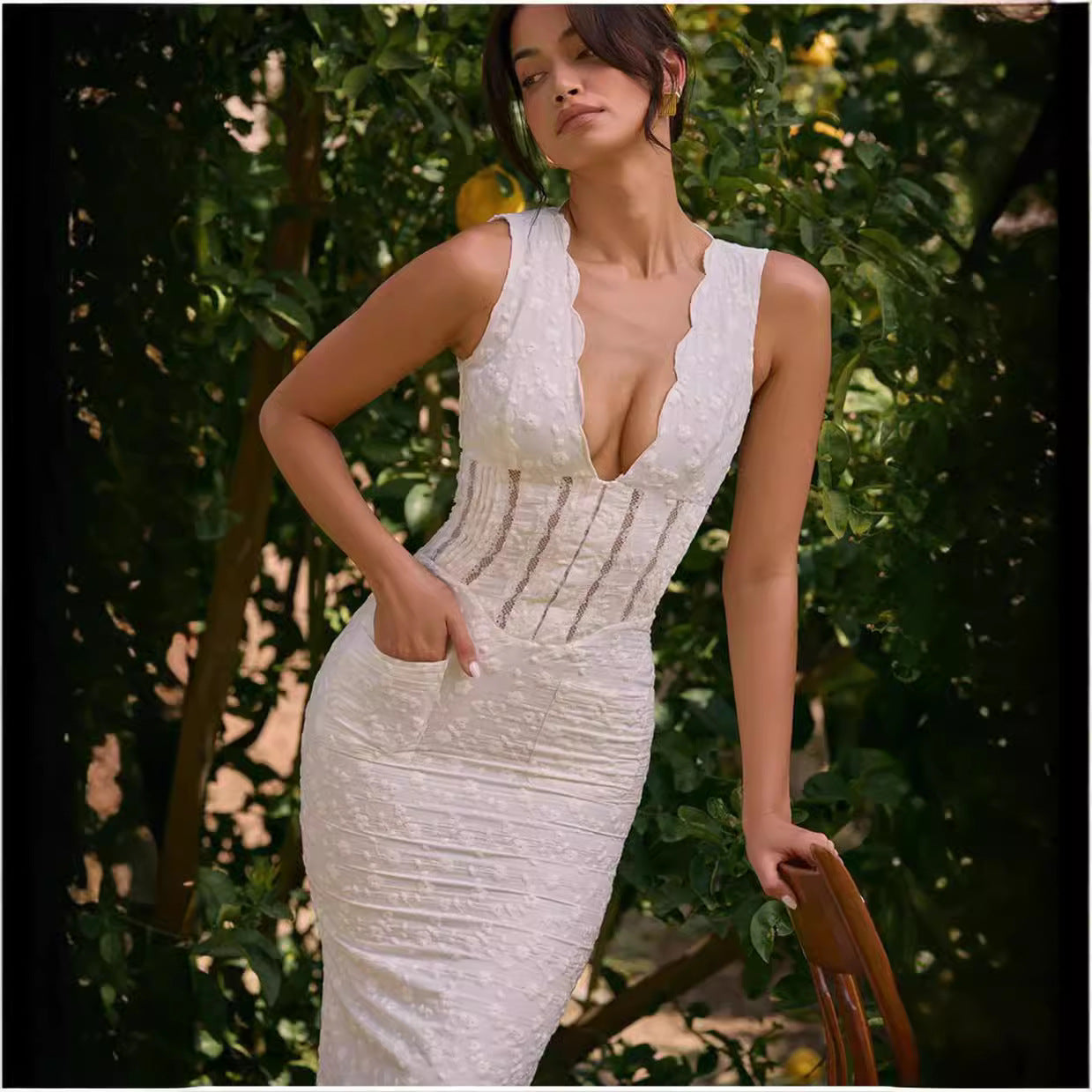 Women Figure-hugging Lace Dress with Deep V-neck and Shimmering Details Ivyshape