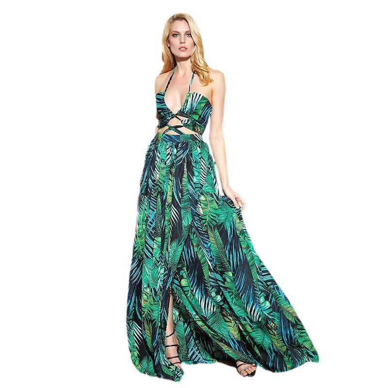 IvyShape | Sexy Strapless Printed Tie Waist Long Dress