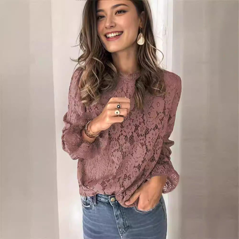 IvyShape | Fashionable Flare Sleeve Hollow Lace Shirt