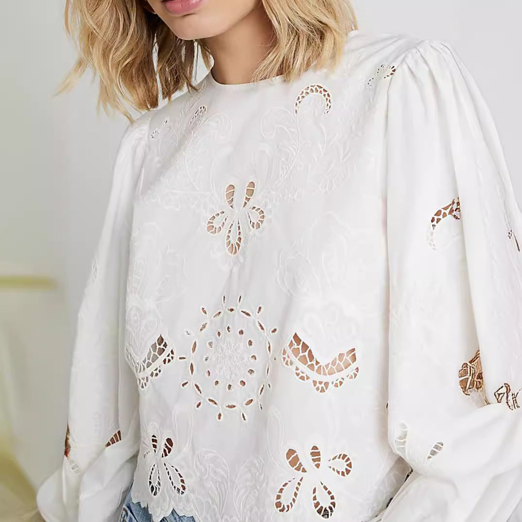 IvyShape | Women's Long Sleeve Lace Embroidery Hollow Elegant Top