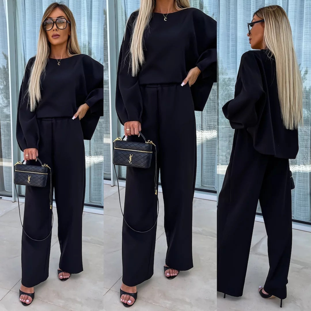 Women elegant two-piece set with oversized blouse and wide pants Ivyshape