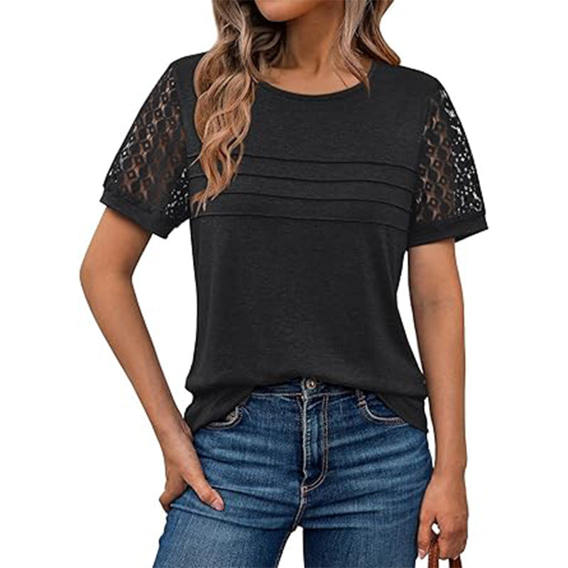 Ladies airy T-shirt with attractive crochet sleeves Ivyshape
