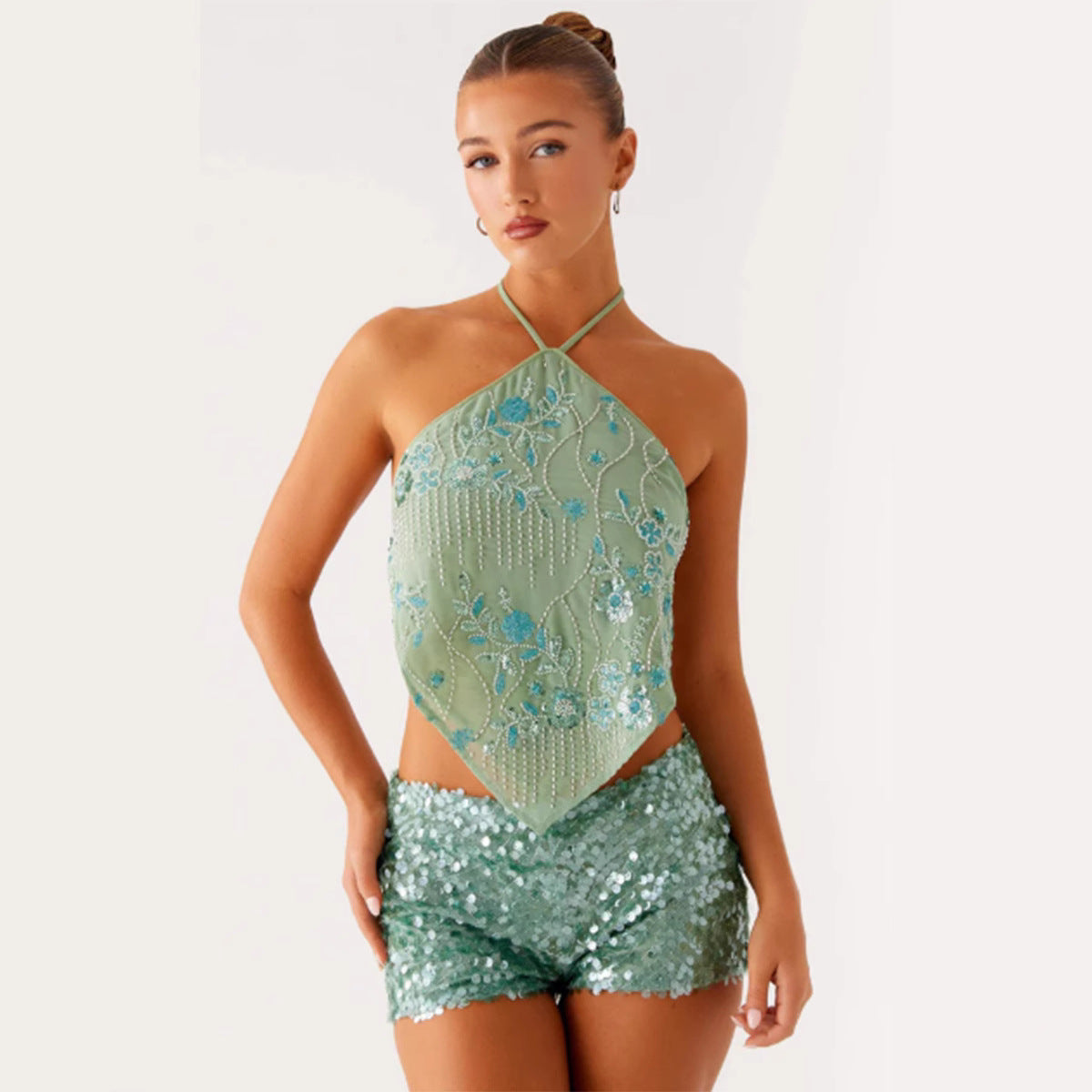 Women Elegant Top with Sparkling Sequins and Floral Design Ivyshape