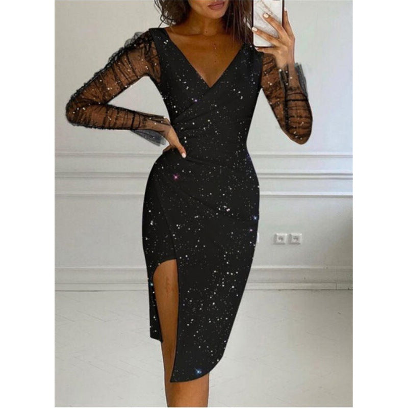 Women Celestial Print Bodycon Midi Dress with Sheer Sleeves Ivyshape