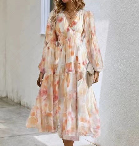 Ivyshape | Women’s Printed V-Neck Long Sleeve Summer Maxi Dress