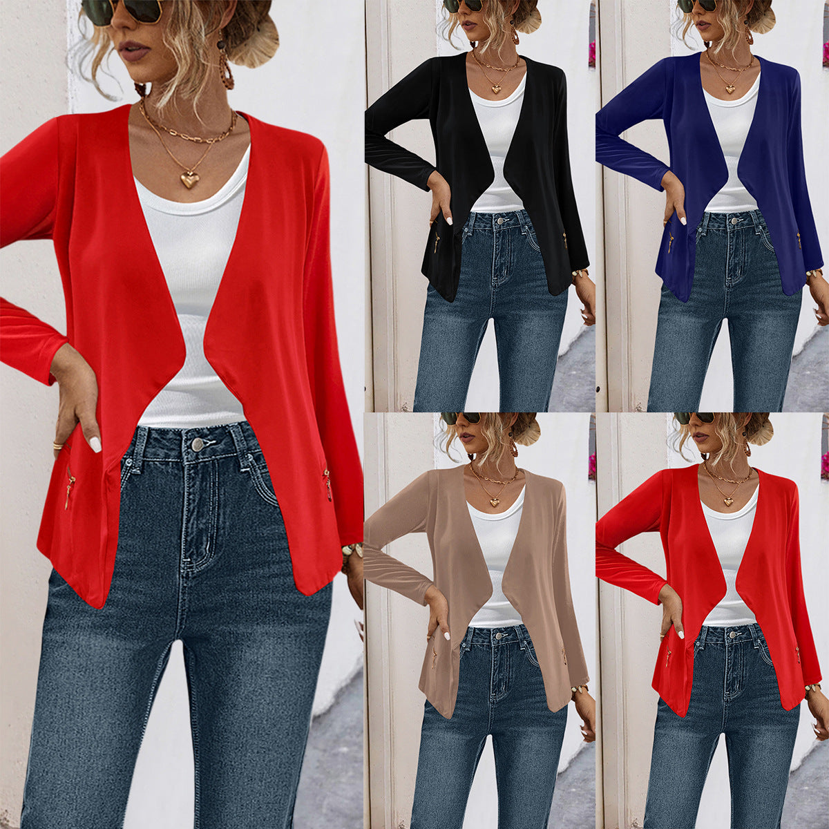 Ladies elegant jersey jacket with asymmetrical cut and subtle shine Ivyshape