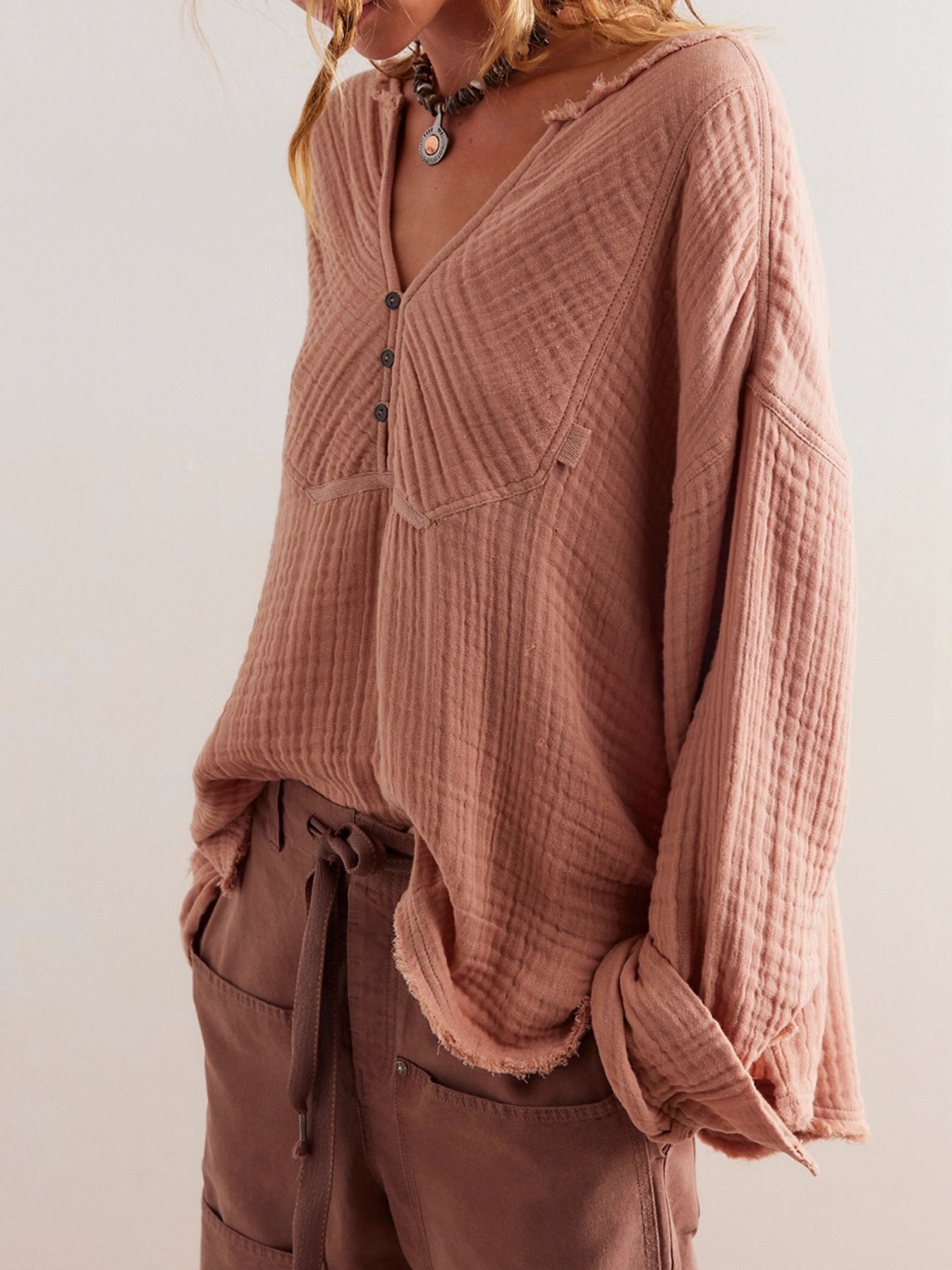 IvyShape | V-Neck Split Cotton Wrinkled Loose Long Sleeve Shirt