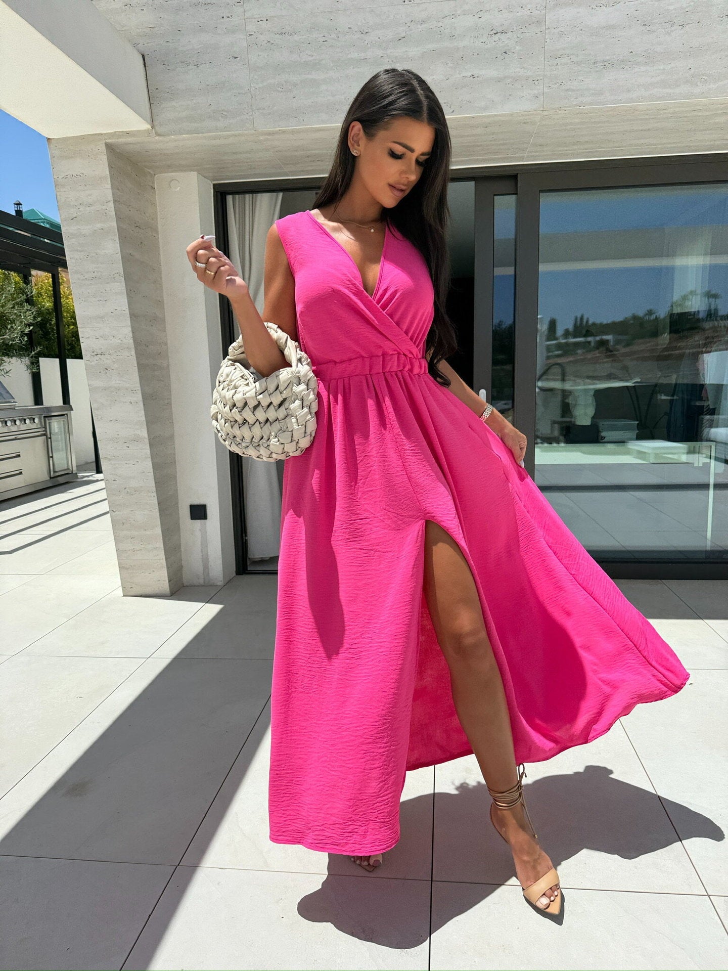 IvyShape | Sleeveless Solid Color Elastic Waist Sexy Slit Maxi Dress