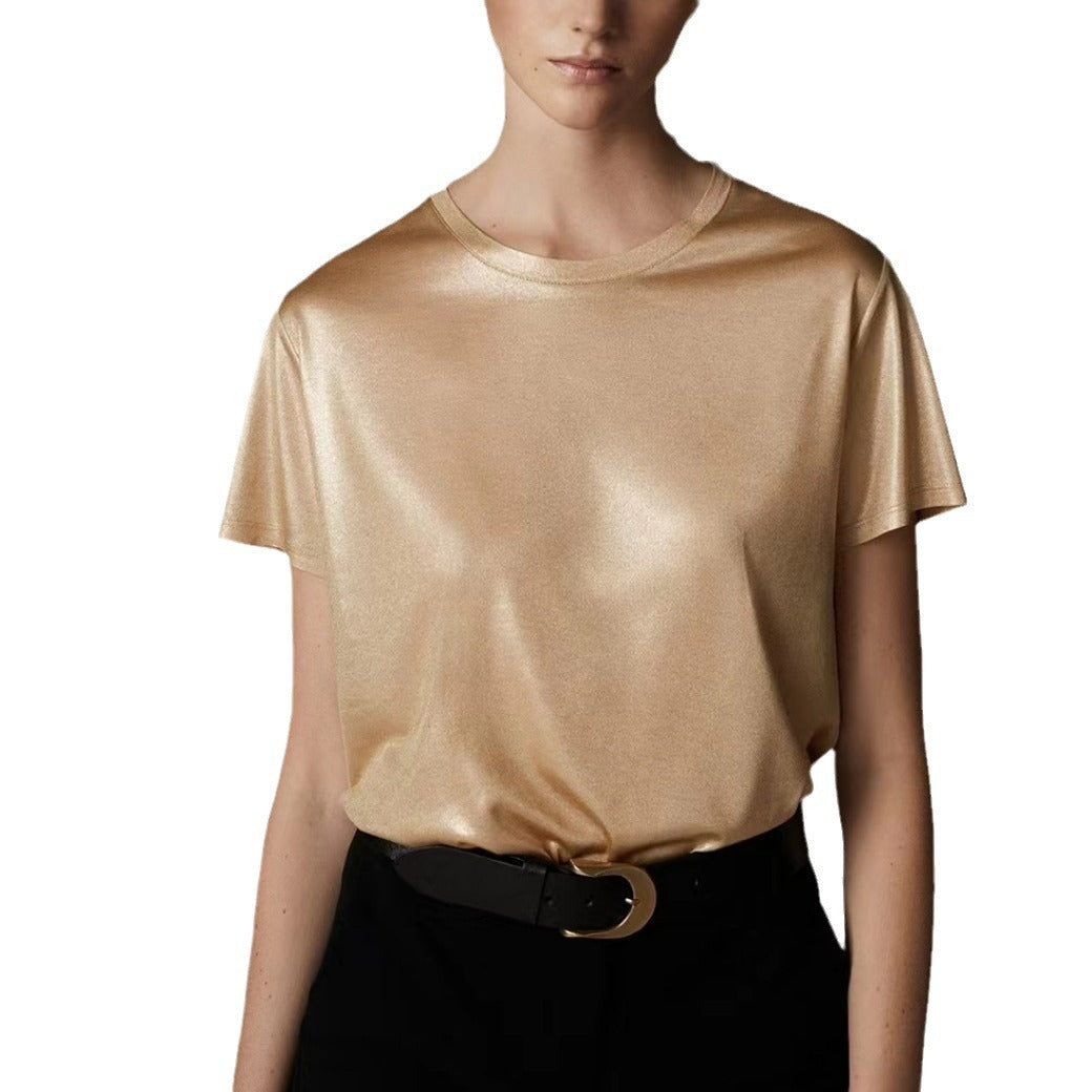 Women Elegant Shiny T-Shirt with Round Neckline and Loose Fit Ivyshape