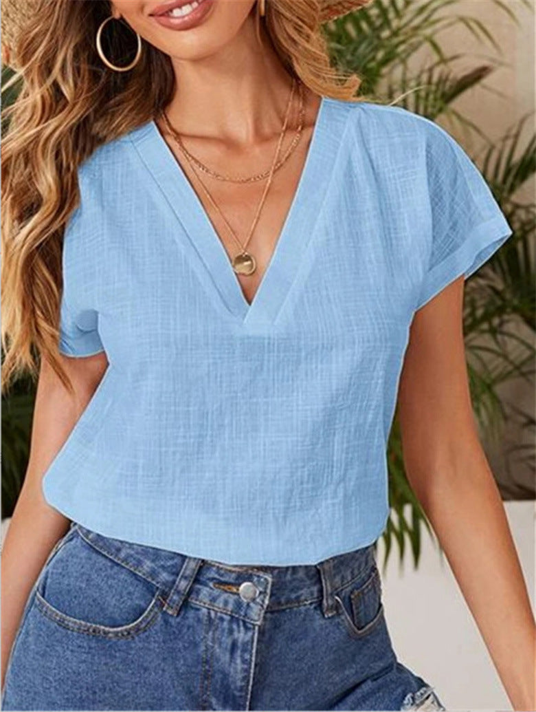Women loose V-neck summer top with short sleeves Ivyshape